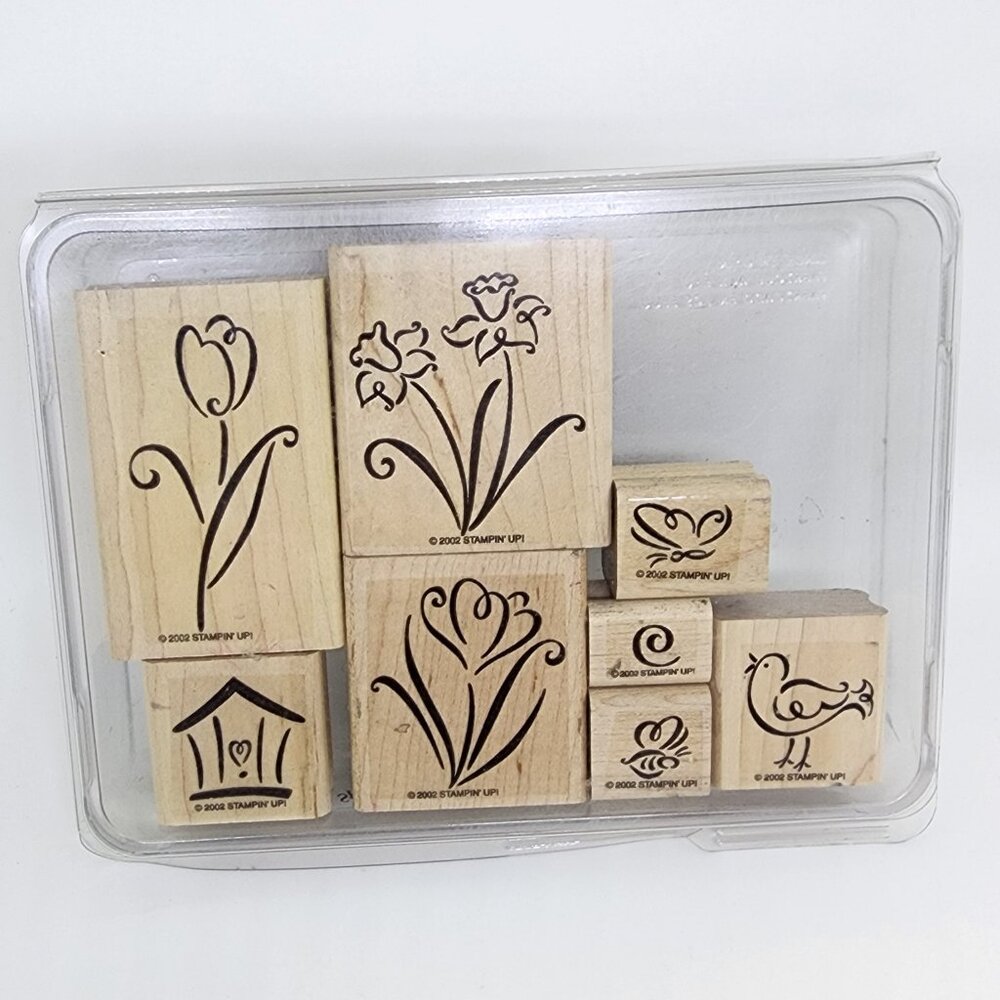 Stampin’ Up Simply Spring 2002 Retired Wood Stamp Set (8 pc) | Floral Cardmaking
